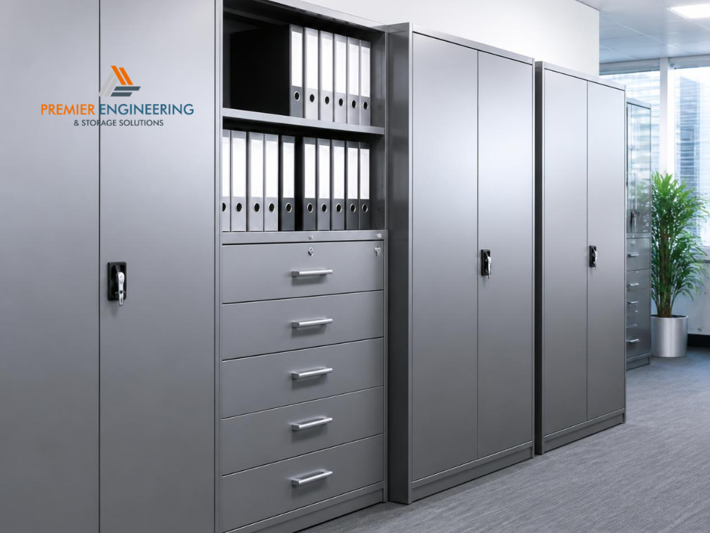 Metal storage cabinets with lockable doors and adjustable shelving in an Australian industrial workplace. metal storage cabinetsstainless steel storage cabinets, best metal storage cabinets, Premier Engineering and Storage Solutions, cnc sheet metal fabrication, cnc stainless steel, high-precision sheet metal parts, metal bending press