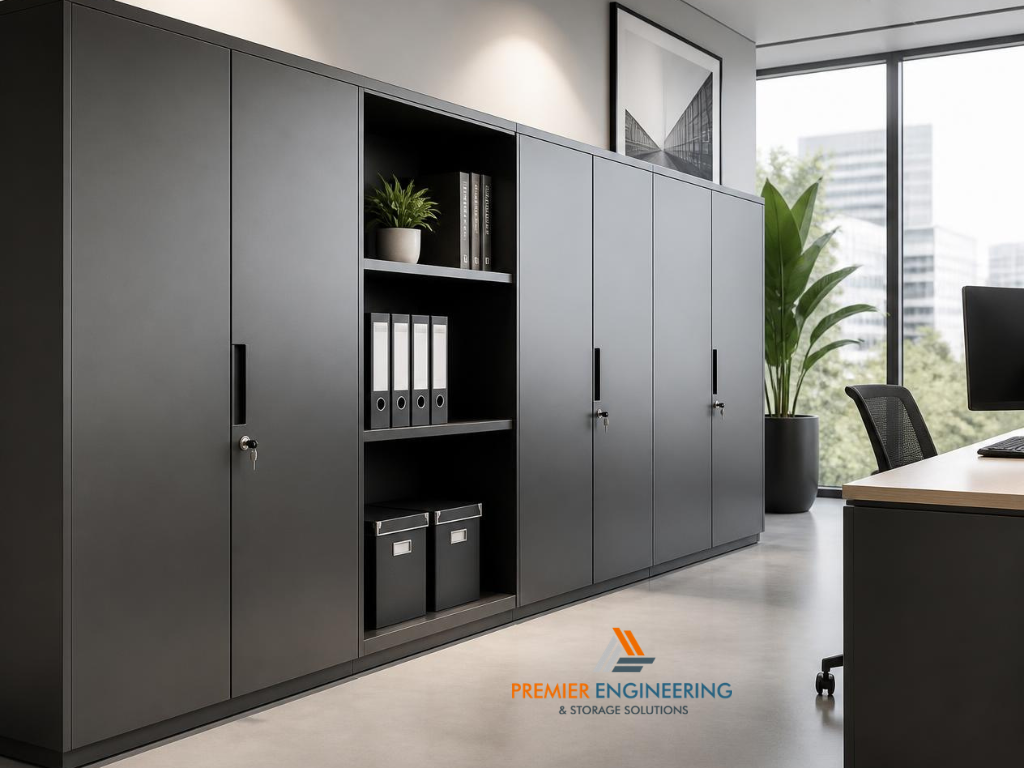 Steel and stainless steel storage cabinets positioned in an industrial workshop. metal storage cabinetsstainless steel storage cabinets, best metal storage cabinets, Premier Engineering and Storage Solutions, cnc sheet metal fabrication, cnc stainless steel, high-precision sheet metal parts, metal bending press