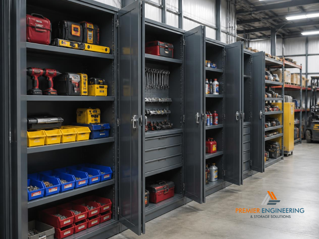 Industrial metal storage cabinet with adjustable shelves holding tools and equipment. metal storage cabinetsstainless steel storage cabinets, best metal storage cabinets, Premier Engineering and Storage Solutions, cnc sheet metal fabrication, cnc stainless steel, high-precision sheet metal parts, metal bending press