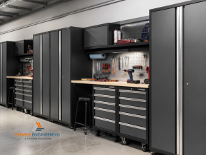 Lockable metal storage cabinets used for securing tools and equipment in a workshop